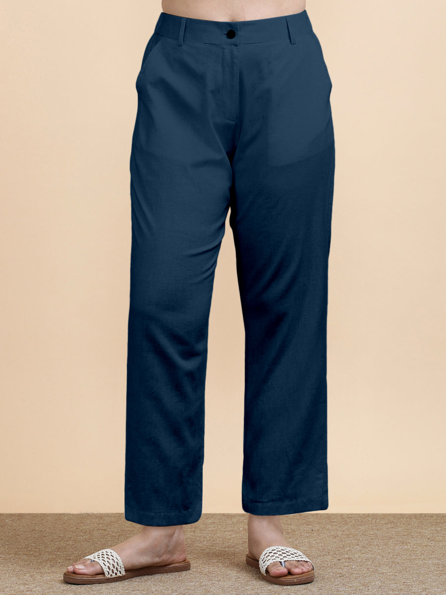 Laura x Soma Trouser, in Blue 70% Cotton 30% Linen, made for daily & work (view 3).