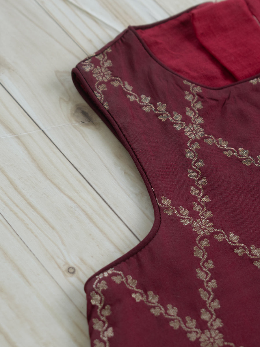Poppy x Tyohaar Kidswear - Girls, in Maroon Viscose Silk Brocade, featuring sleeveless and jewel neckline (view 3).