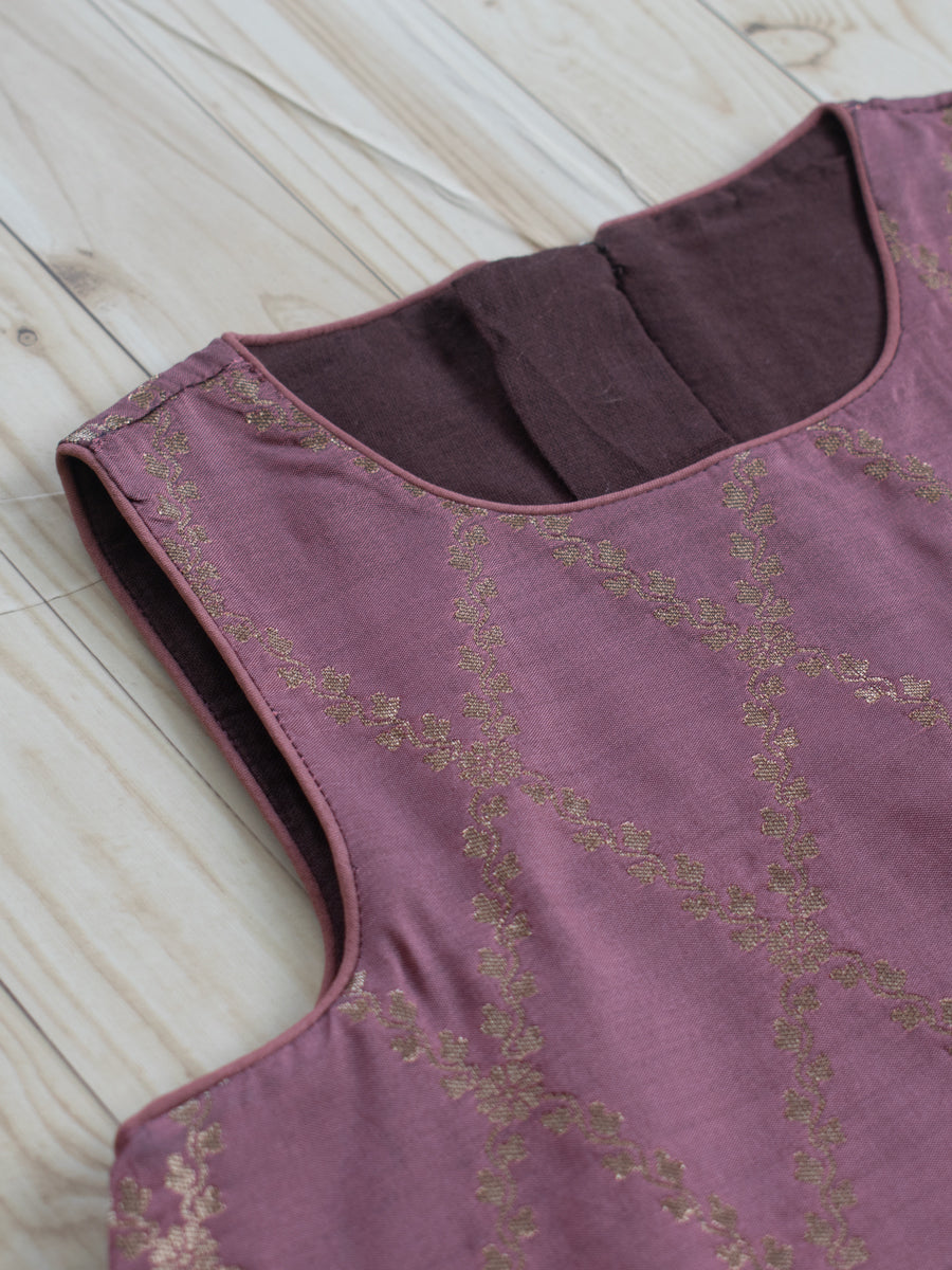 Poppy x Tyohaar Kidswear - Girls, in Pink Viscose Silk Brocade, featuring sleeveless and jewel neckline (view 3).