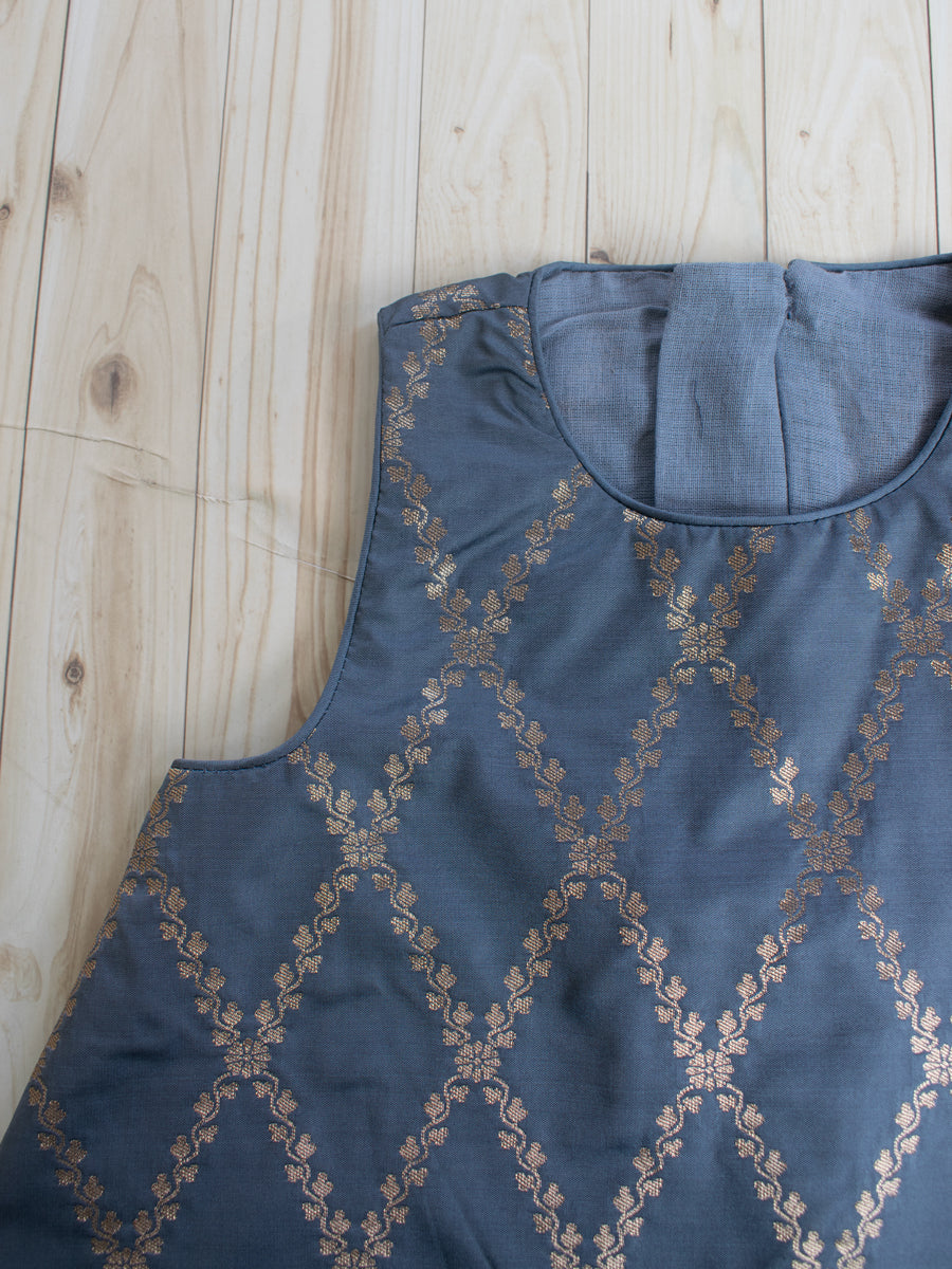 Poppy x Tyohaar Kidswear - Girls, in Grey Viscose Silk Brocade, featuring sleeveless and jewel neckline (view 3).