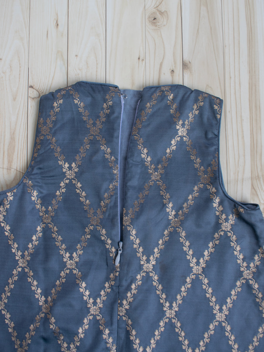 Poppy x Tyohaar Kidswear - Girls, in Grey Viscose Silk Brocade, featuring sleeveless and jewel neckline (view 5).