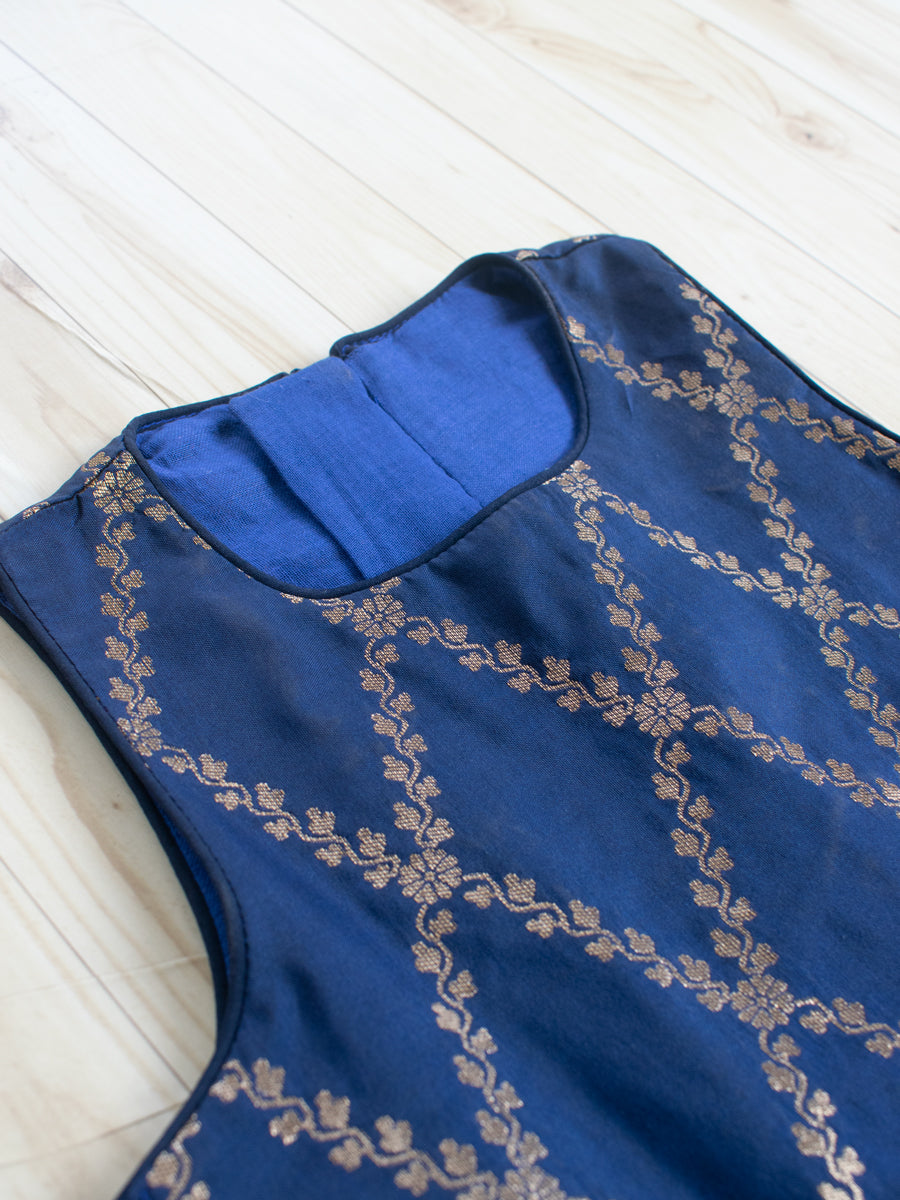 Poppy x Tyohaar Kidswear - Girls, in Blue Viscose Silk Brocade, featuring sleeveless and jewel neckline (view 3).