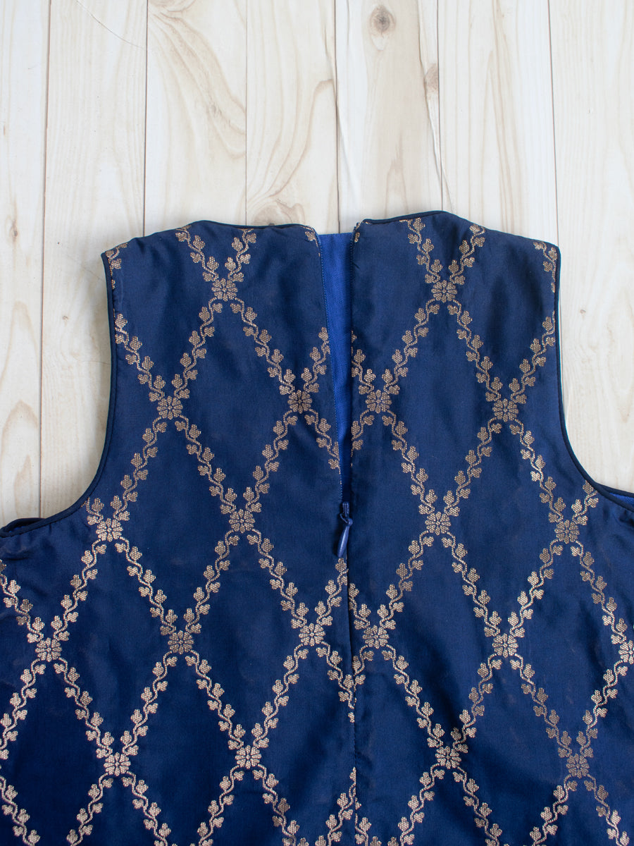 Poppy x Tyohaar Kidswear - Girls, in Blue Viscose Silk Brocade, featuring sleeveless and jewel neckline (view 5).