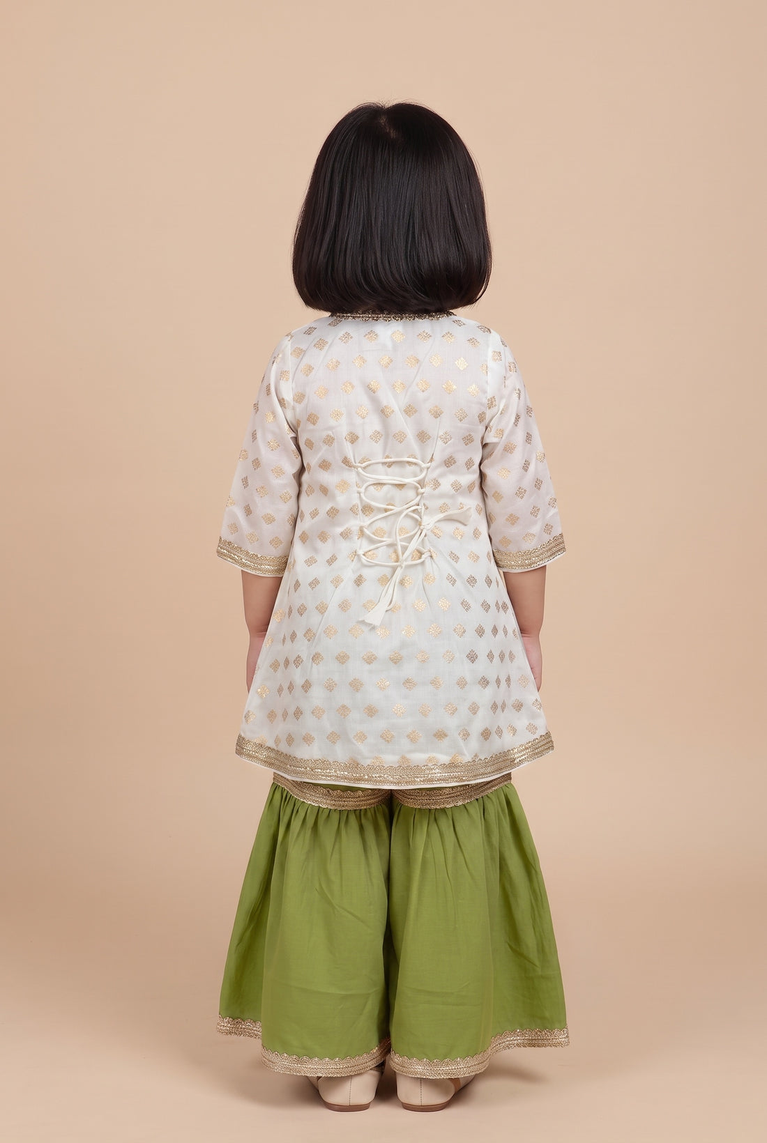 Chamki x Tyohaar | White Butta Satin Viscose Angrakha-Sharara Set