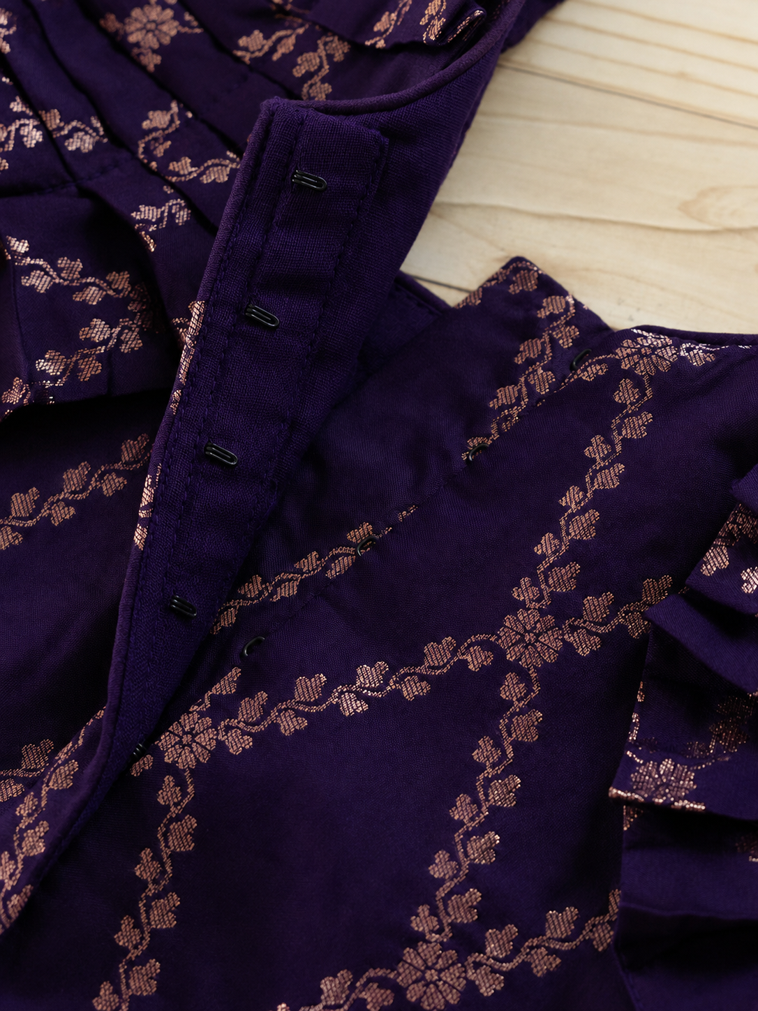Pari x Tyohaar | Orchid Plum Vine Mesh Brocade Ruffle Sleeve Pattu Pavadai