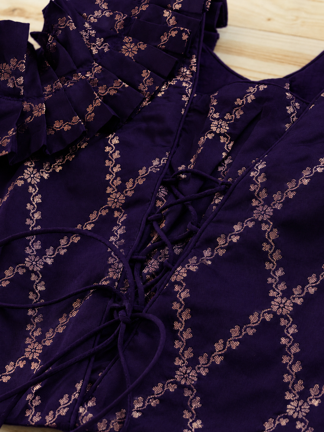 Pari x Tyohaar | Orchid Plum Vine Mesh Brocade Ruffle Sleeve Pattu Pavadai