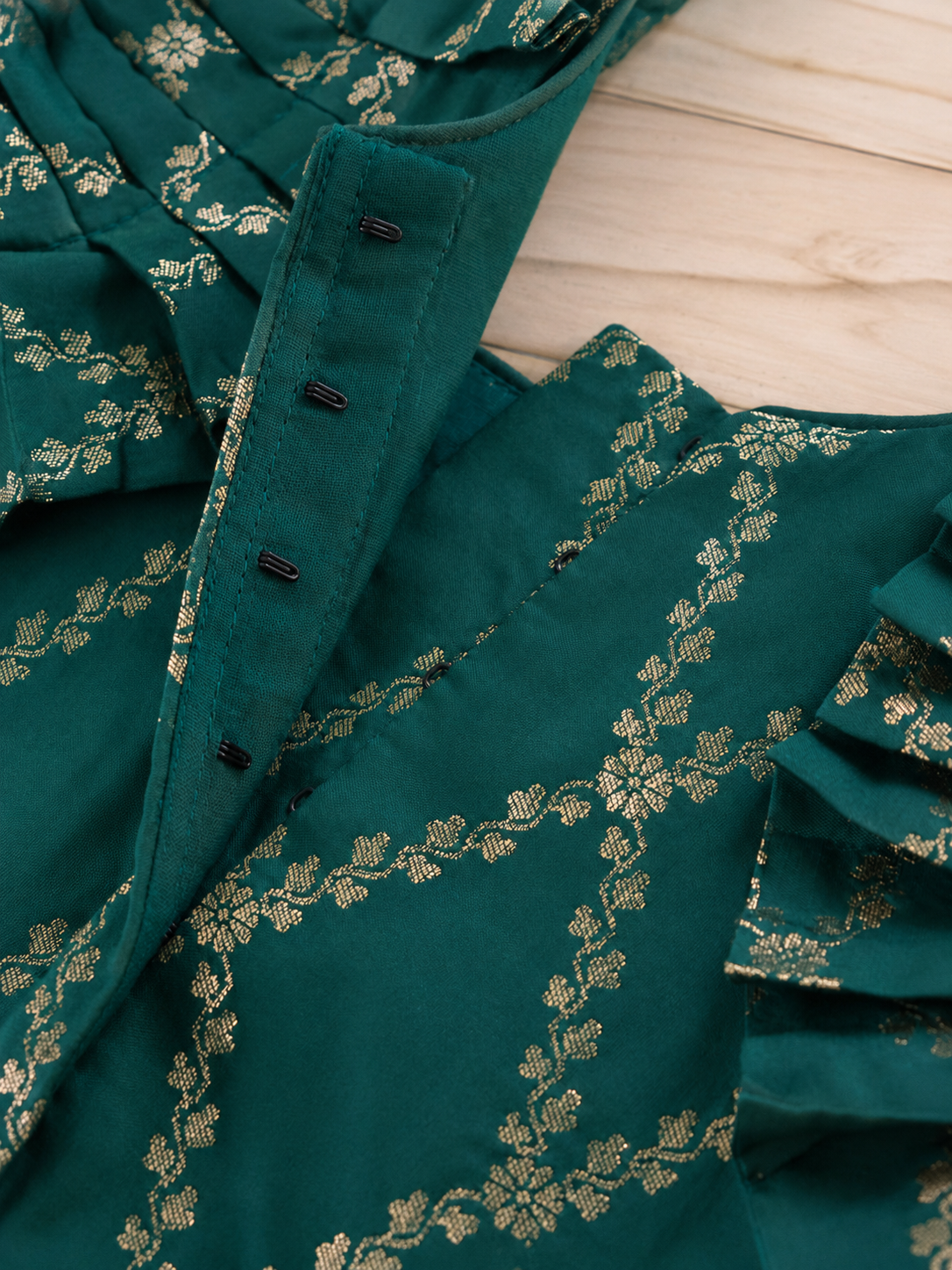 Pari x Tyohaar | Emerald Green Vine Mesh Brocade Ruffle Sleeve Pattu Pavadai