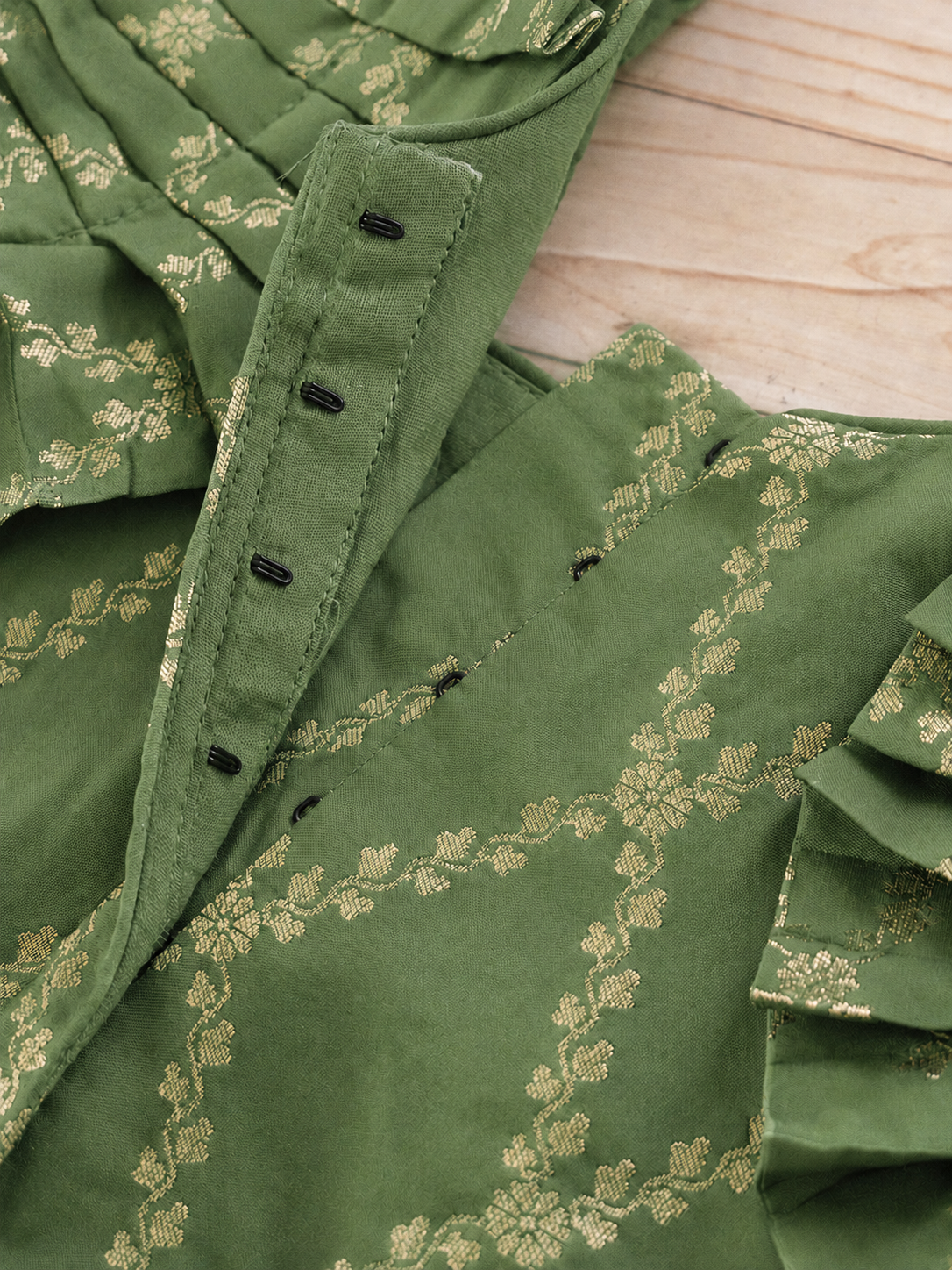 Pari x Tyohaar | Deep Olive Vine Mesh Brocade Ruffle Sleeve Pattu Pavadai