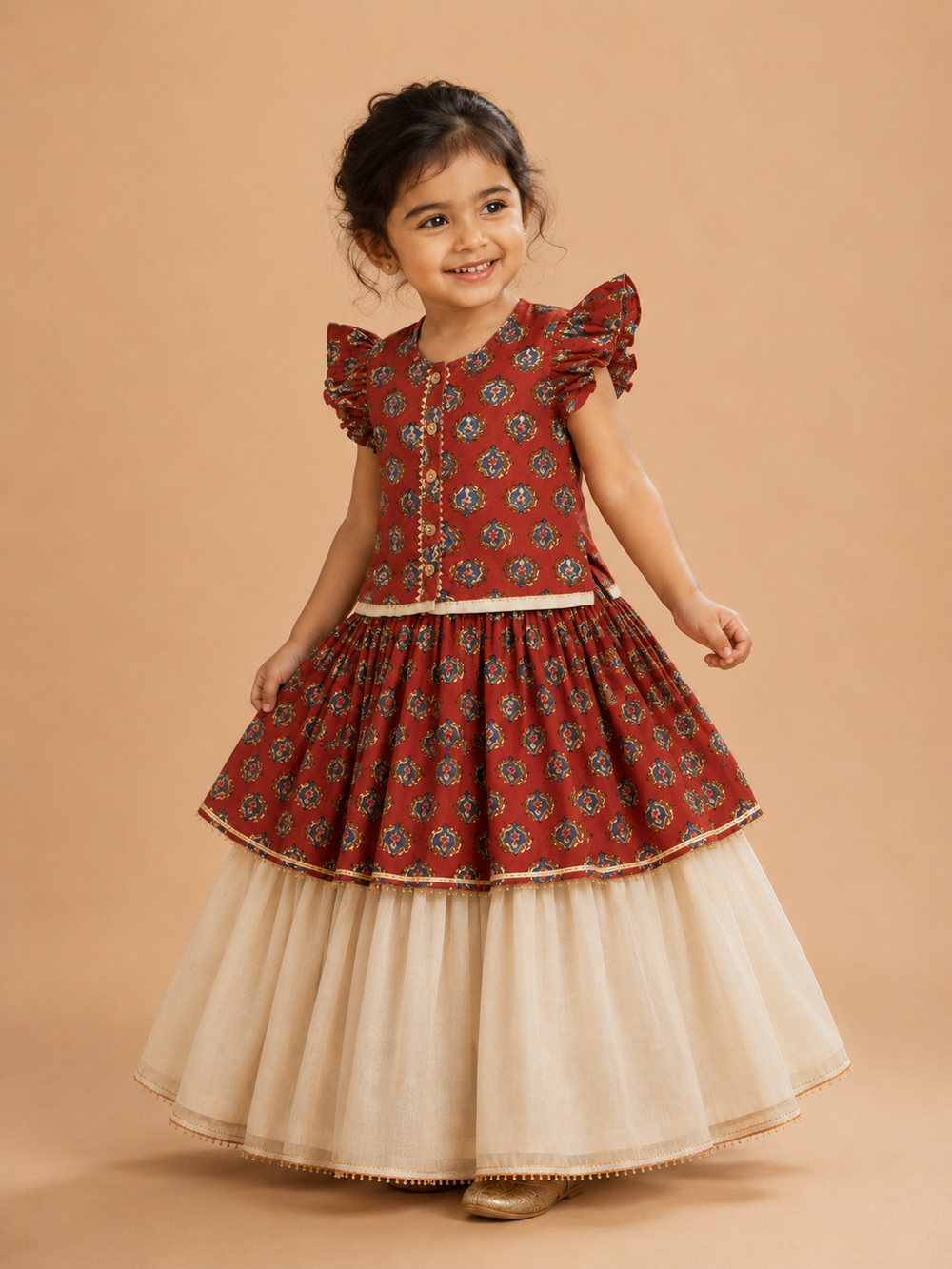 Kuhu x Tyohaar | Tiered Lehenga Set in Crimson Field Block Print Cotton