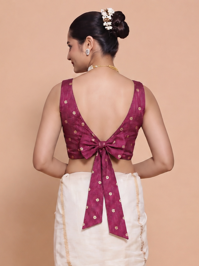 Anika | Sleeveless Plum Striped Peacock Brocade FlexiFit™ Saree Blouse