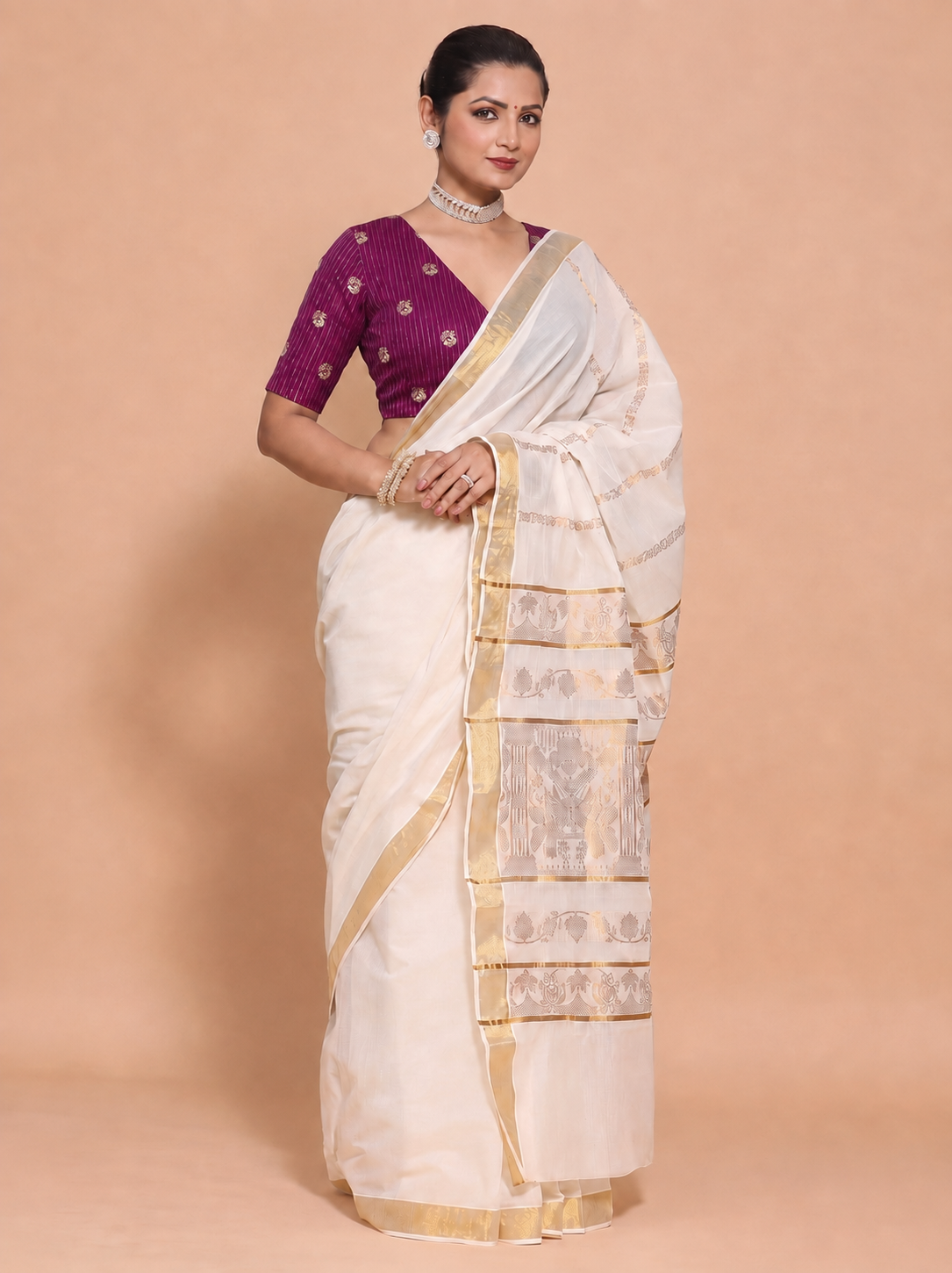 Kasavu-Kit Kasavu Saree with Madhura Elbow Sleeve blouse in Plum Striped Peacock Brocade