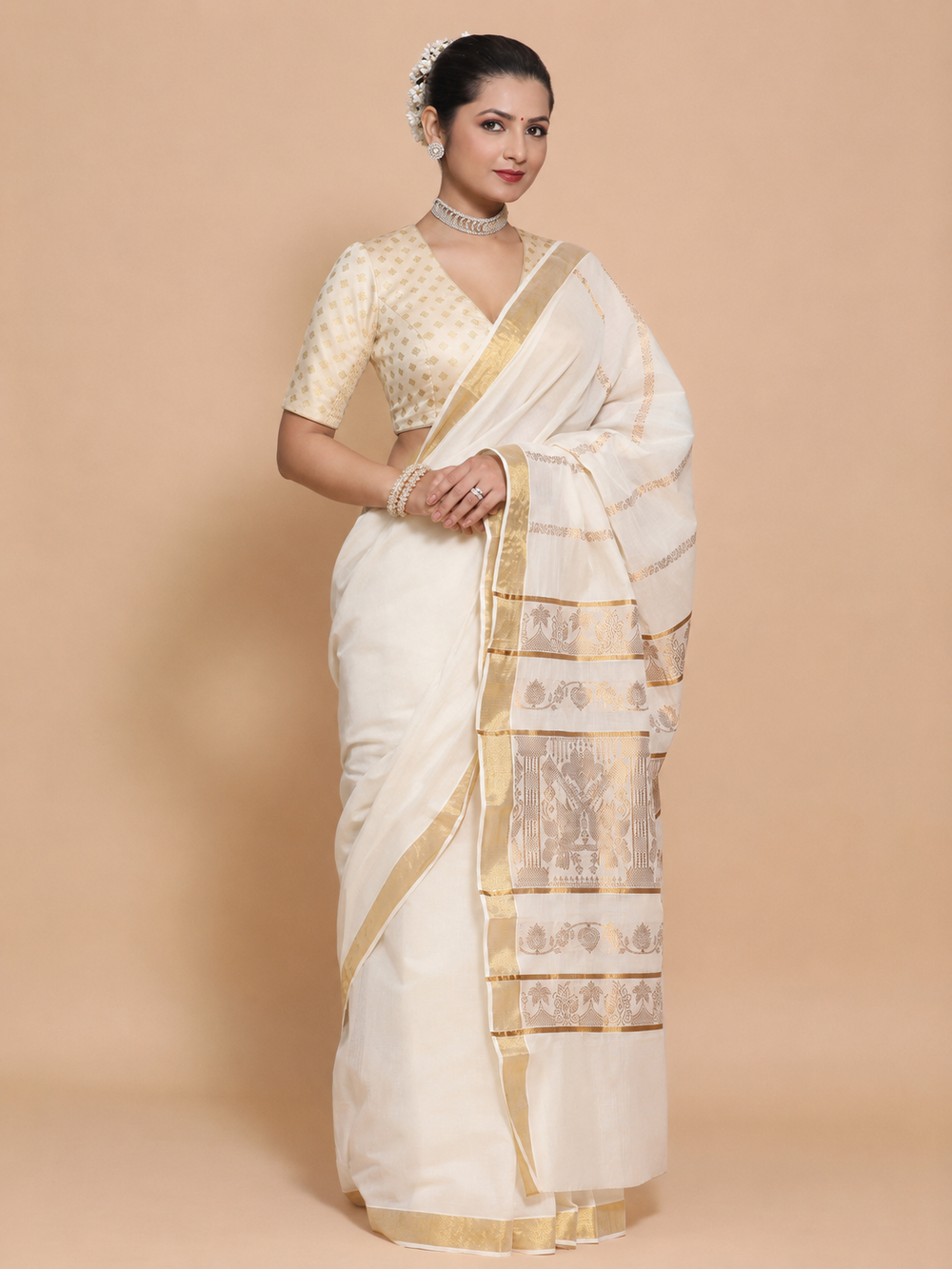 Kasavu-Kit Kasavu Saree with Aabha Elbow Sleeve blouse in Cream Butta Satin Viscose