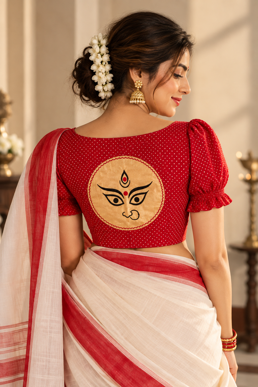 Durga | Puff Sleeve Embroidered Red Foil Chandheri SculptFit™ Saree Blouse