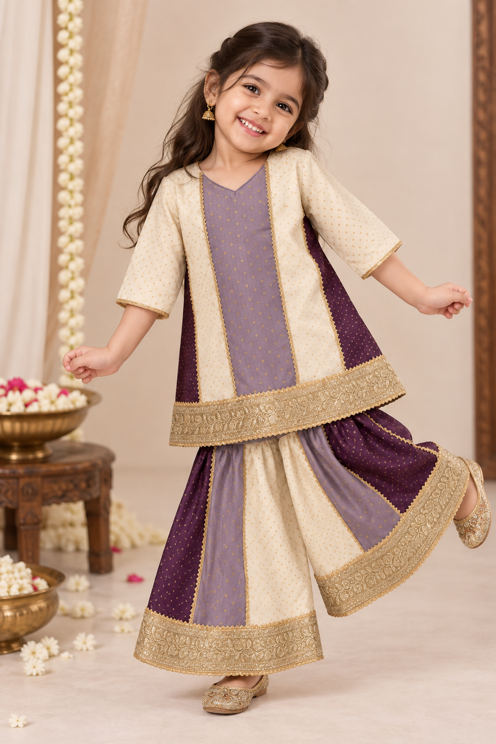 Alara x Tyohaar | Lilac & Purple Foil Chandheri Panelled Sharara Set