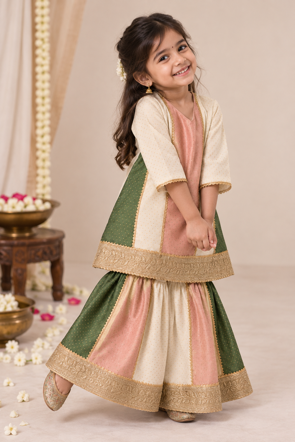 Alara x Tyohaar | Muted Copper & Green Foil Chandheri Panelled Sharara Set