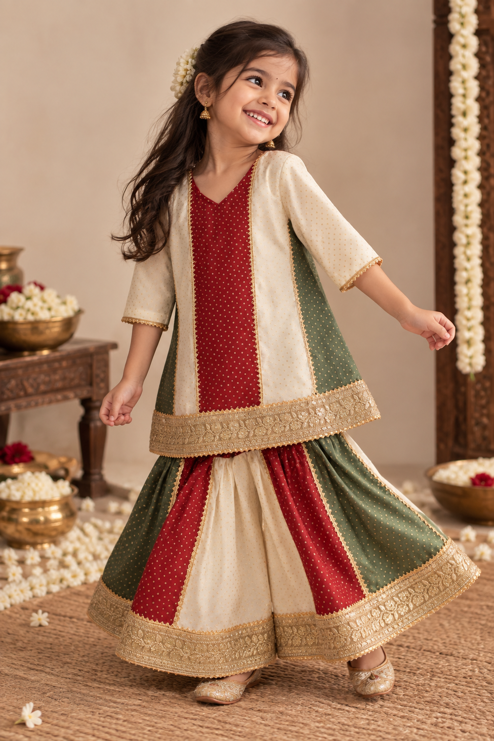 Alara x Tyohaar | Red & Green Foil Chandheri Panelled Sharara Set