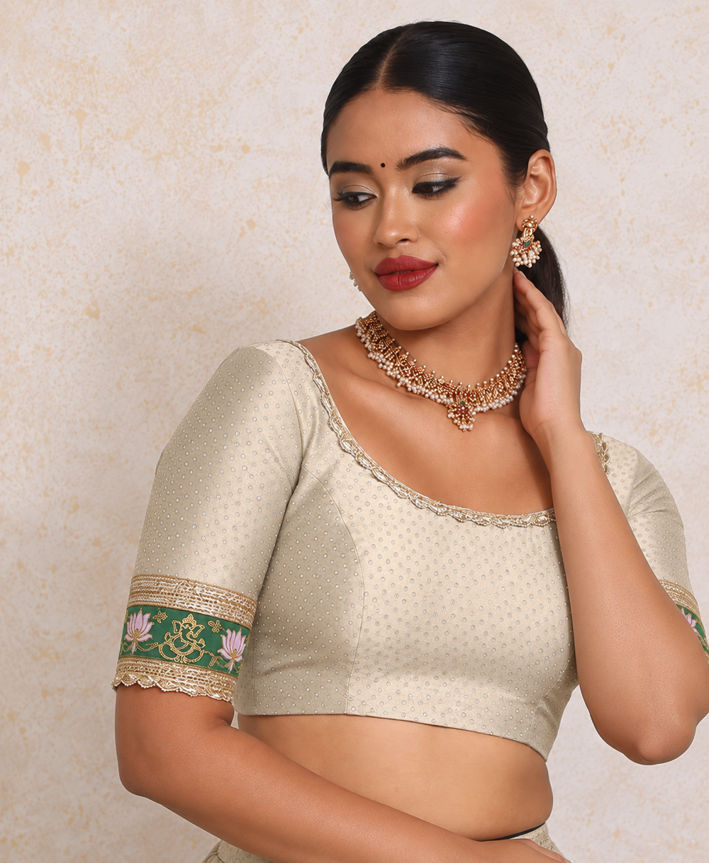 Asha x Tyohaar | Elbow Sleeves Oyster Grey Foil Chandheri Saree Blouse