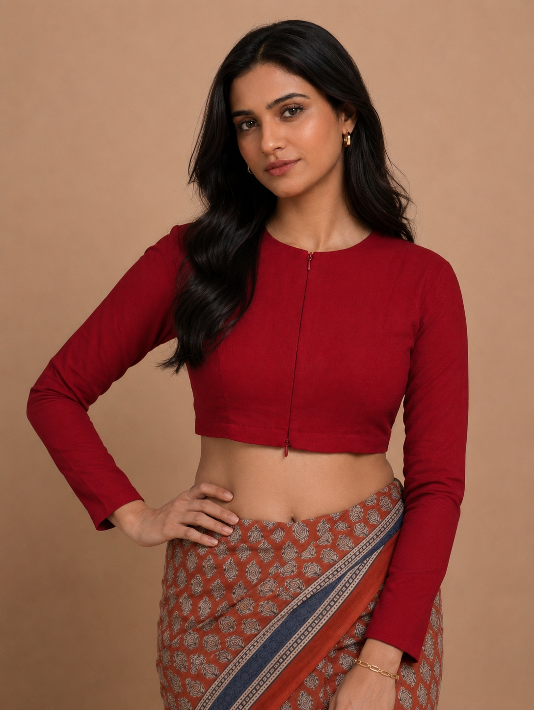 Viyanka | Jewel Neck Cherry Red Rayon Lycra StretchFit™ Saree Blouse