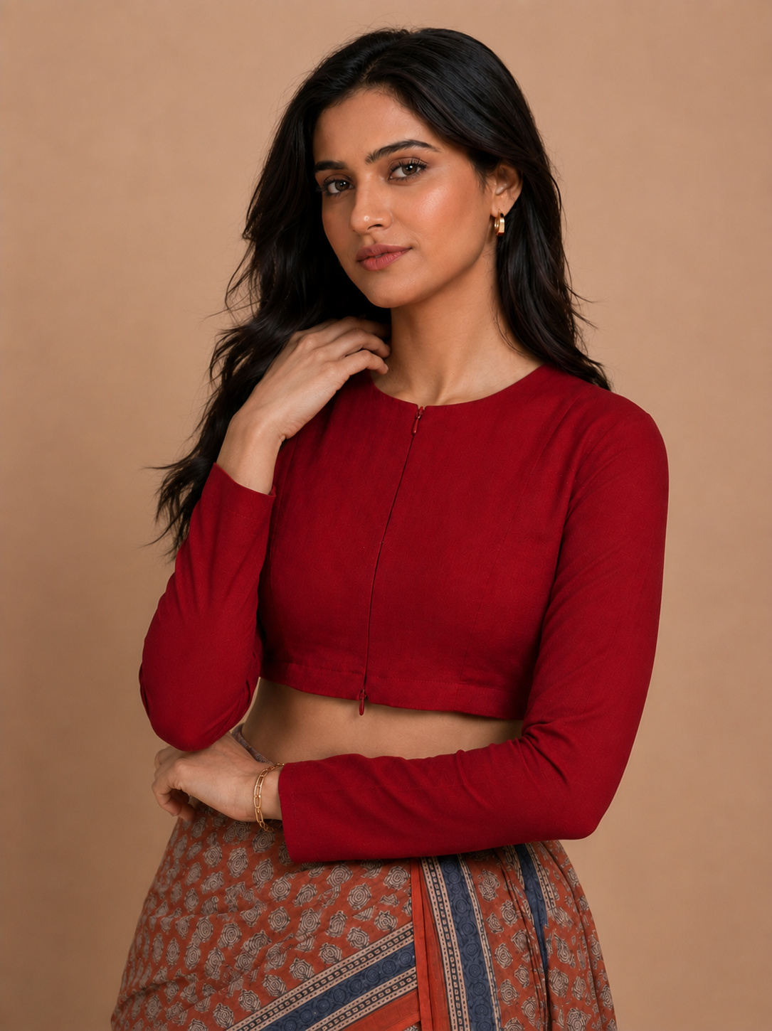 Viyanka | Jewel Neck Cherry Red Rayon Lycra StretchFit™ Saree Blouse