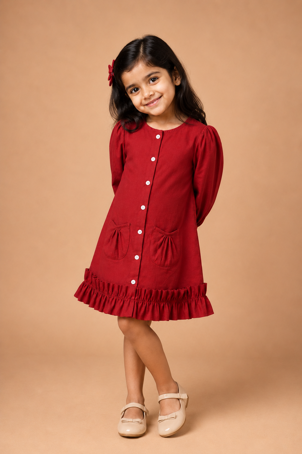 Gigi x Tyohaar | A-line Frock with Bubble Sleeve in Cranberry Red Linen