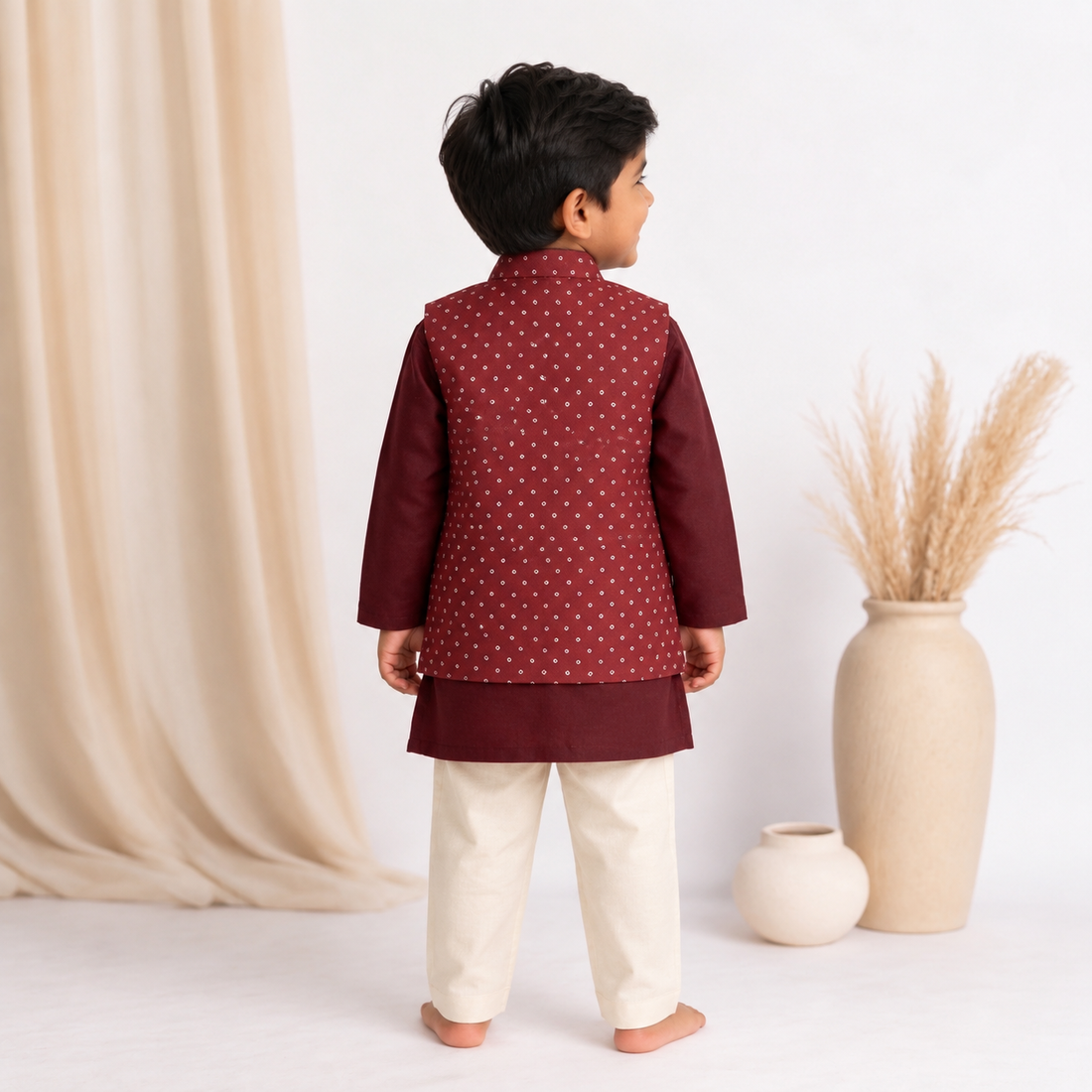 Sher x Tyohaar | Red Linen-Chandheri Kurta Pant & Jacket Set