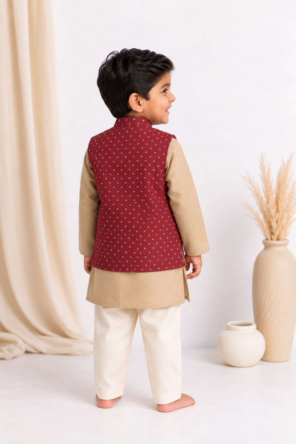 Sher x Tyohaar | Ecru & Red Linen-Chandheri Kurta Pant & Jacket Set