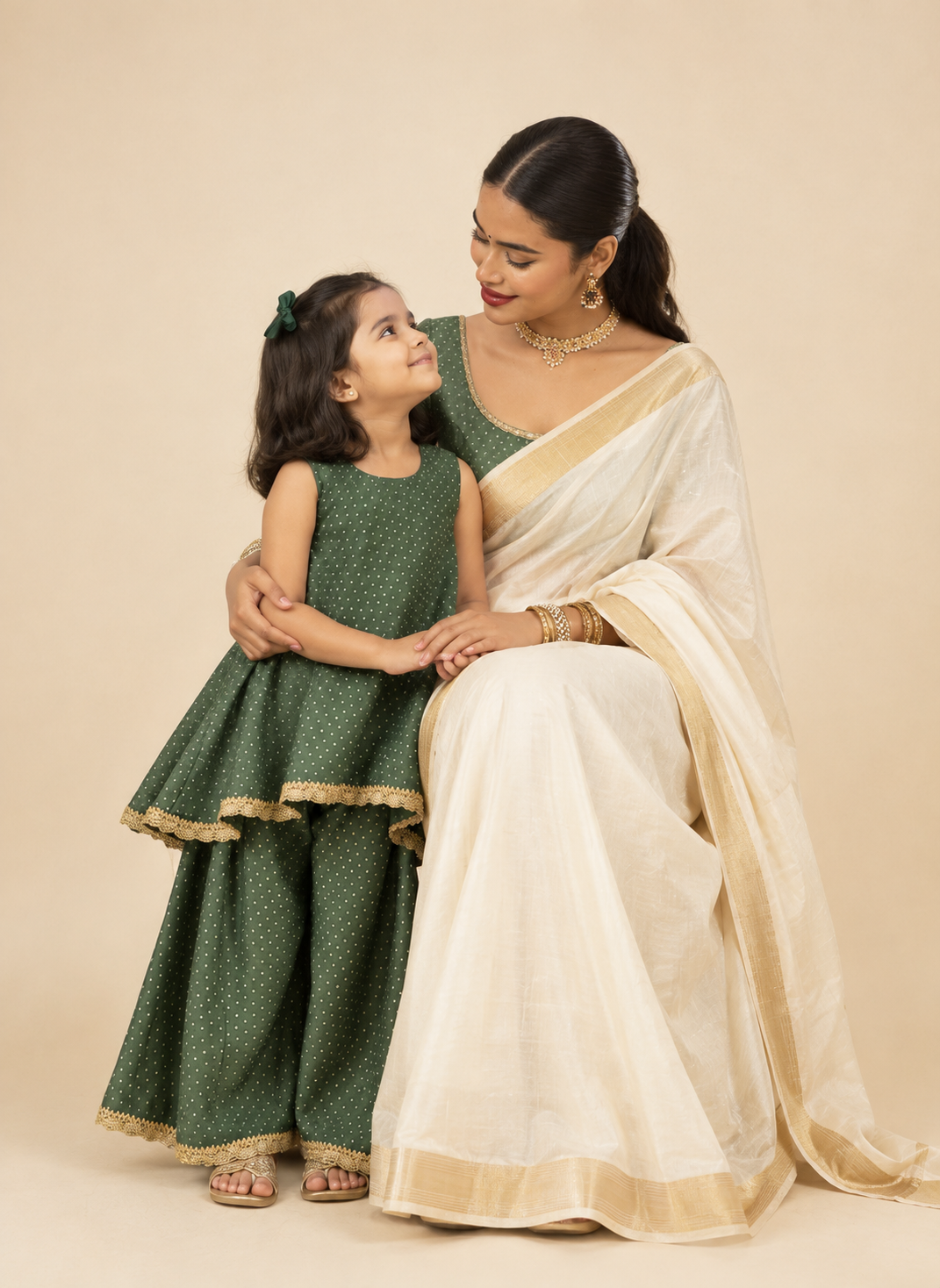 Mommy&Me | Kitty + Navika Green Foil Chandheri Kurta Set & Saree Blouse Combo