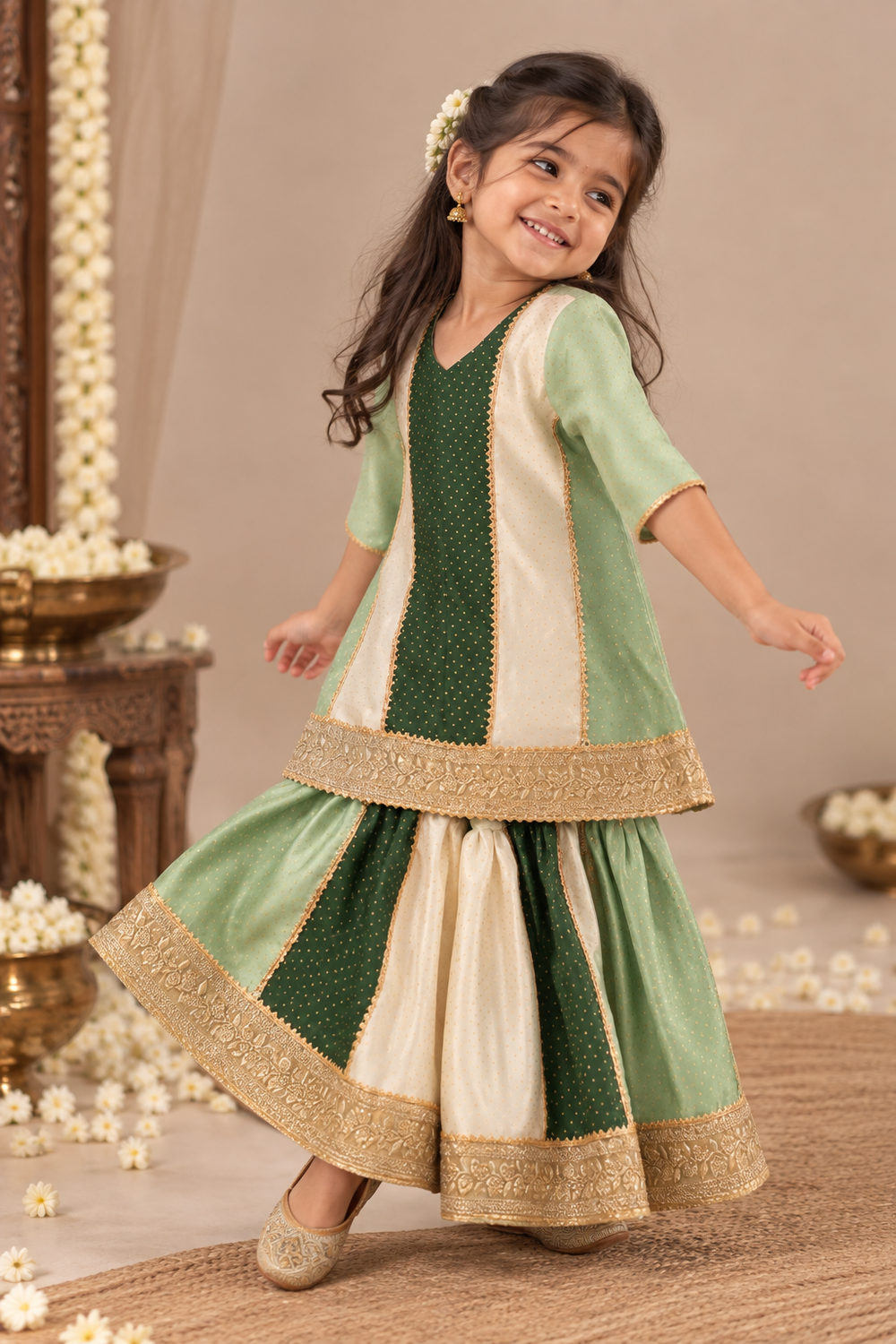 Alara x Tyohaar | Mint & Green Foil Chandheri Panelled Sharara Set