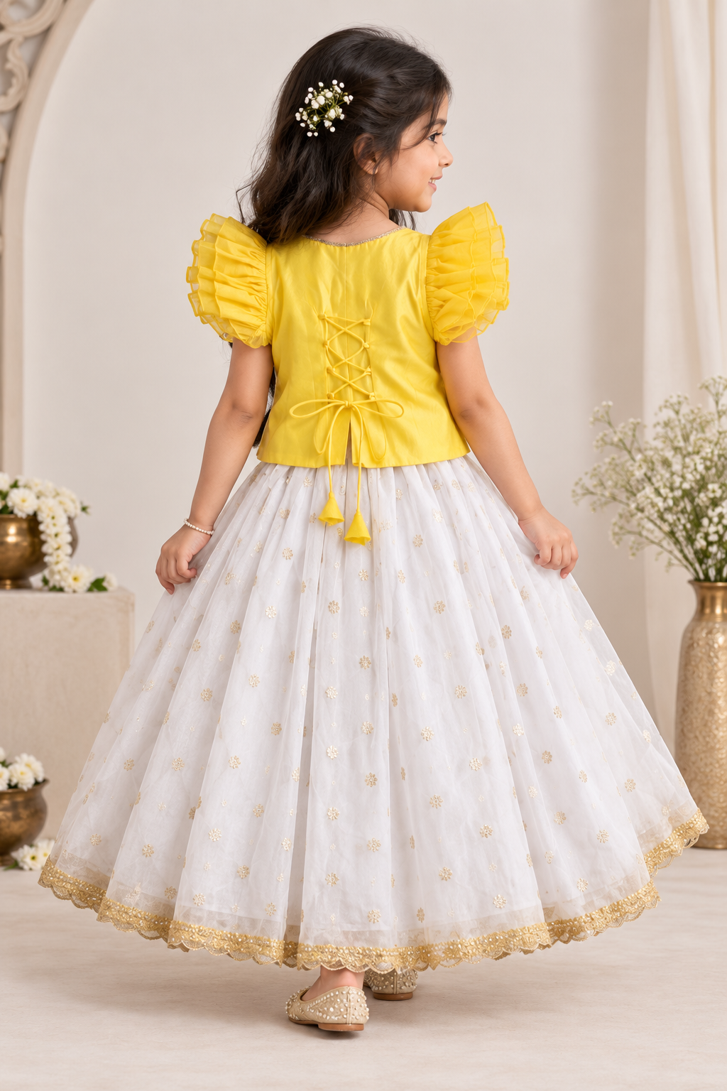 Gilheri x Tyohaar | Yellow & White Chandheri-Organza Ruffle Sleeve Lehenga Set