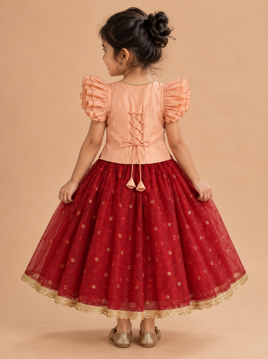 Gilheri x Tyohaar | Peach & Red Chandheri-Organza Ruffle Sleeve Lehenga Set