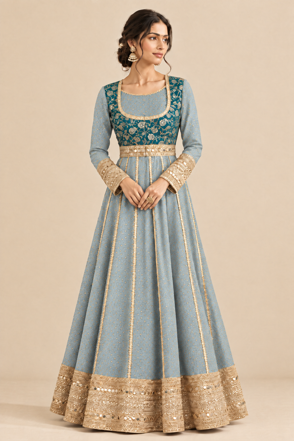 Hiba | Full Sleeved Teal Empress Brocade SculptFit™ Anarkali Kurta