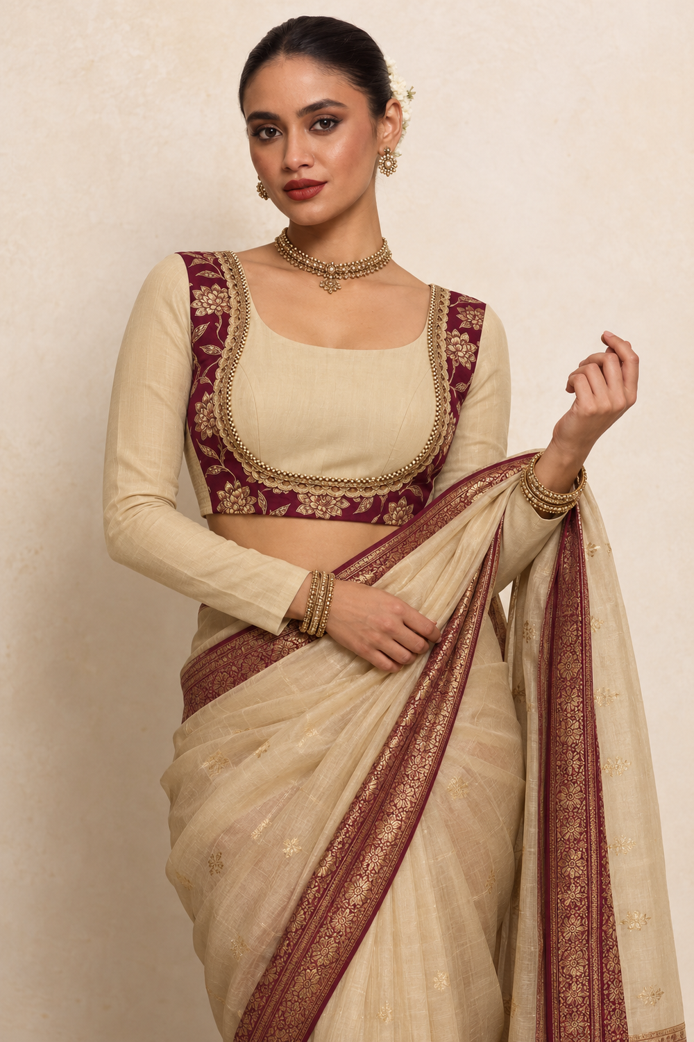 Anarkali x Tyohaar | Full Sleeves Ivory & Violet Meenakari Viscose Saree Blouse