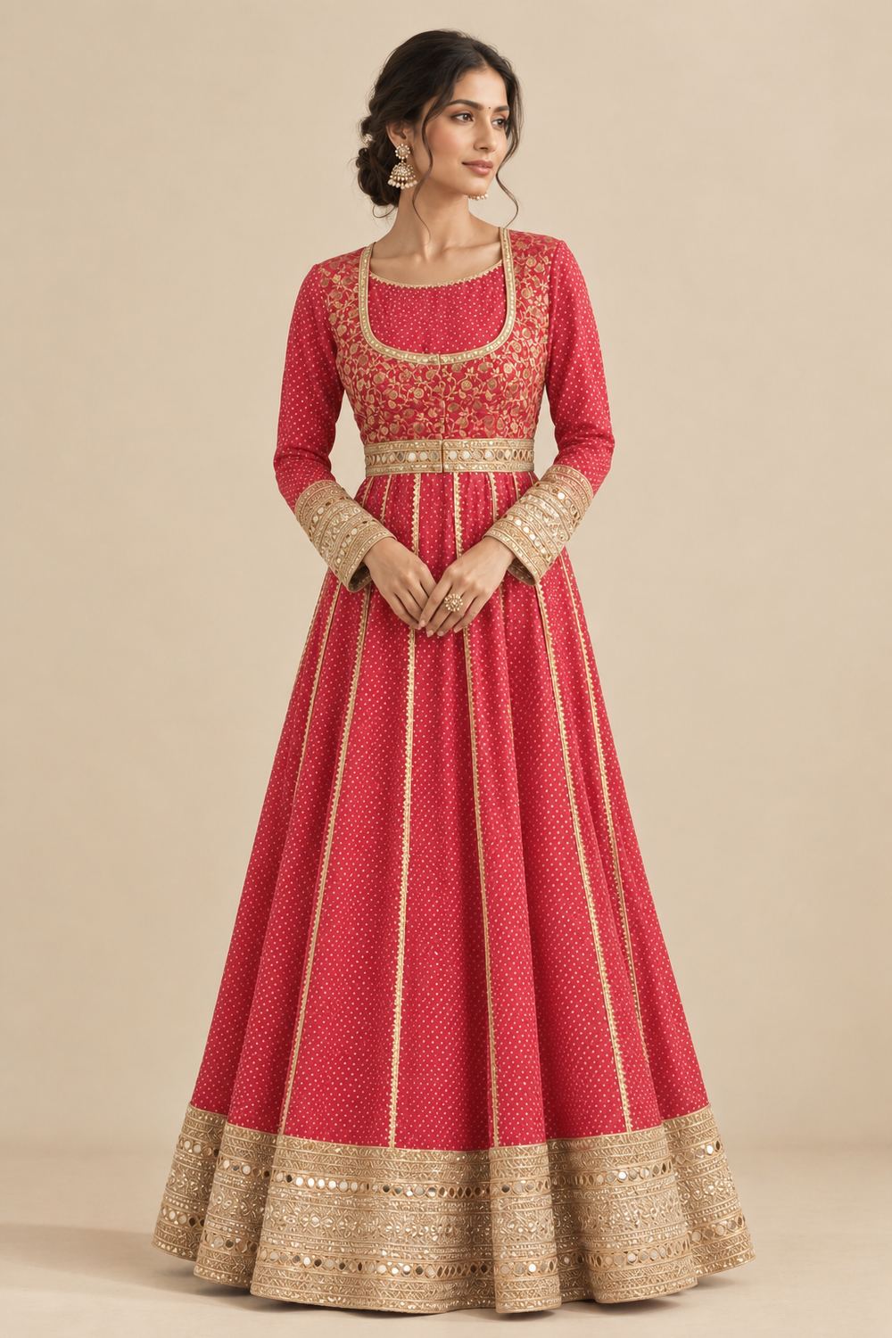 Hiba | Full Sleeved Red Ochre Brocade SculptFit™ Anarkali Kurta