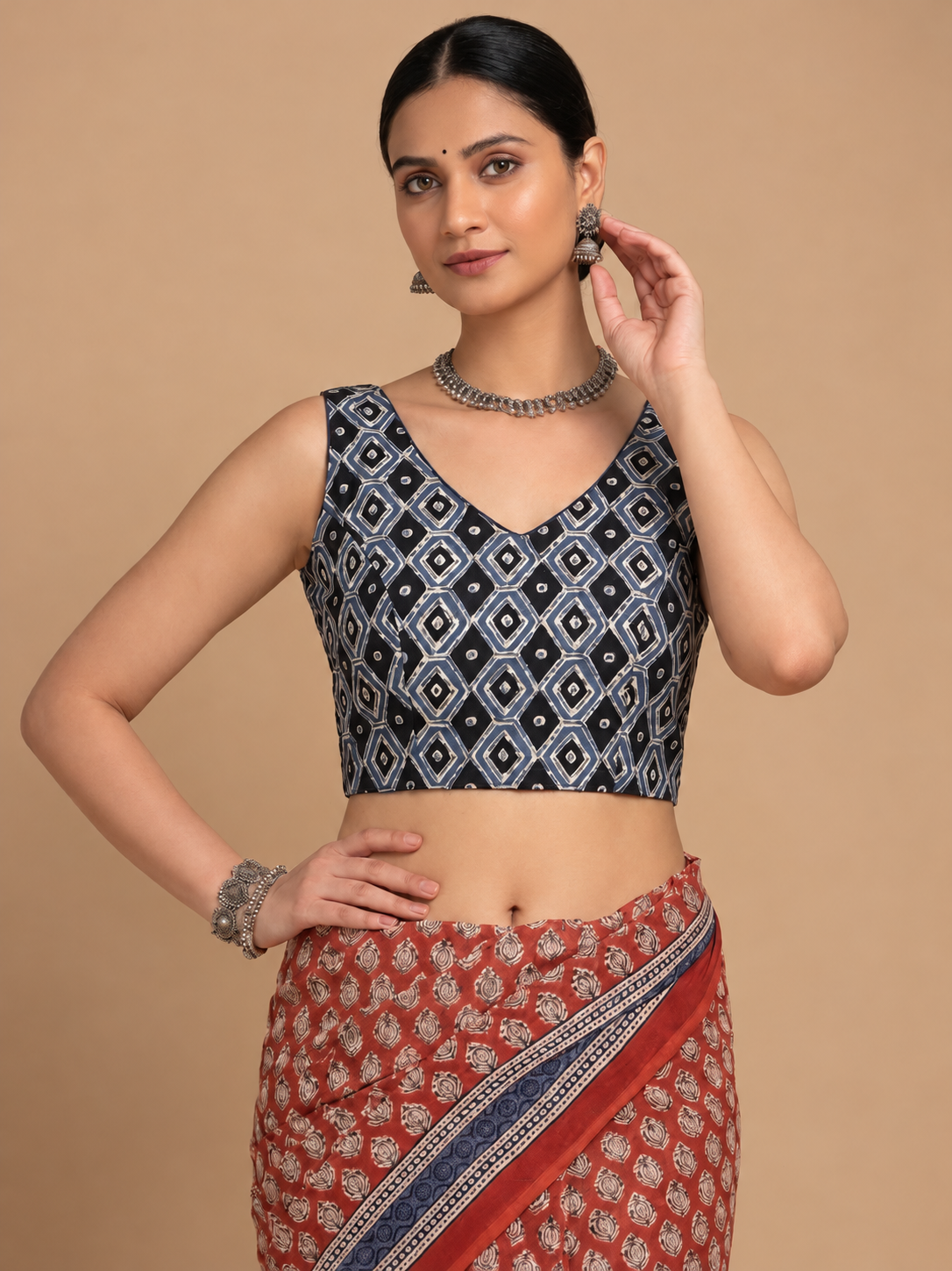 Ardha | Duet Reversible Blockprinted Indigo Geometric Motif & Black Blockprinted Cotton CinchFit™ Saree Blouse