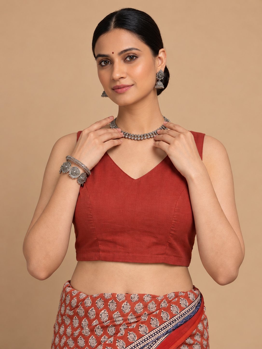 Ardha | Duet Reversible Blockprinted Indigo Leaf & Red Solid Cotton CinchFit™ Saree Blouse