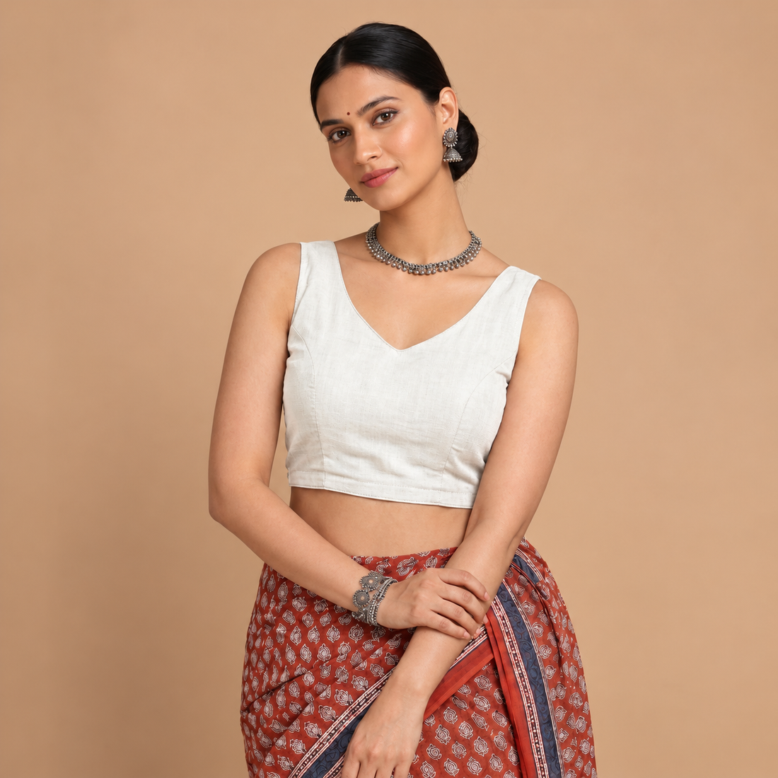 Ardha | Duet Reversible Blockprinted Indigo Flower & White Blockprinted Cotton CinchFit™ Saree Blouse