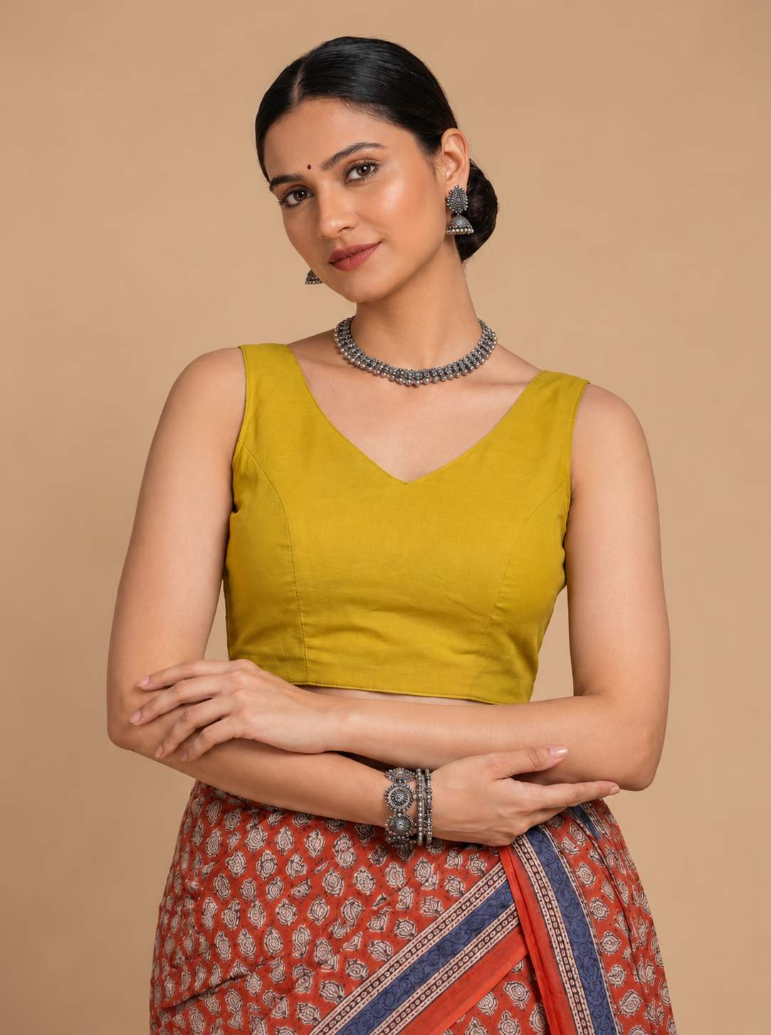 Ardha | Duet Reversible Blockprinted Indigo Spade & Yellow Blockprinted Cotton CinchFit™ Saree Blouse