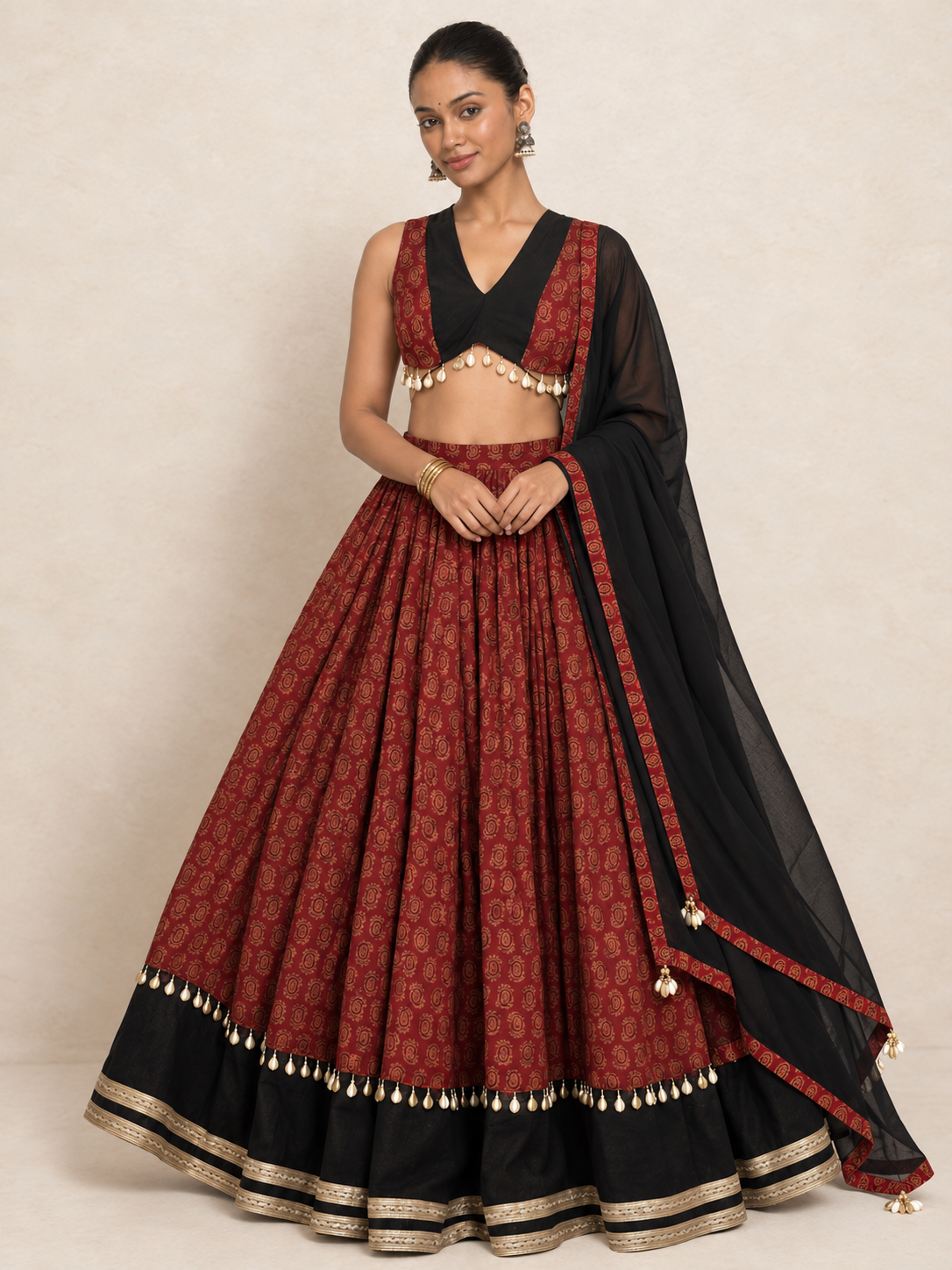 Vrinda | Block Printed Red Mango Cotton FlareFit™ Lehenga