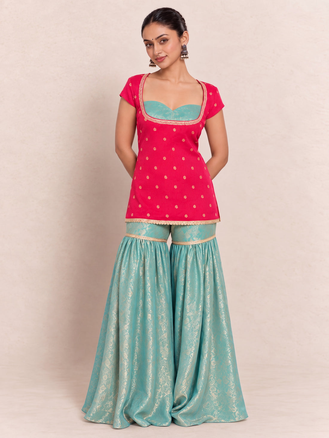 Diyana | Cap Sleeves Hot Pink Viscose CinchFit™ Kurta Sharara Set