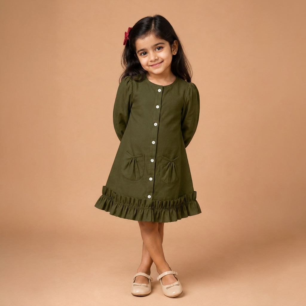 Gigi x Tyohaar | A-line Frock with Bubble Sleeve in Deep Olive Green Linen