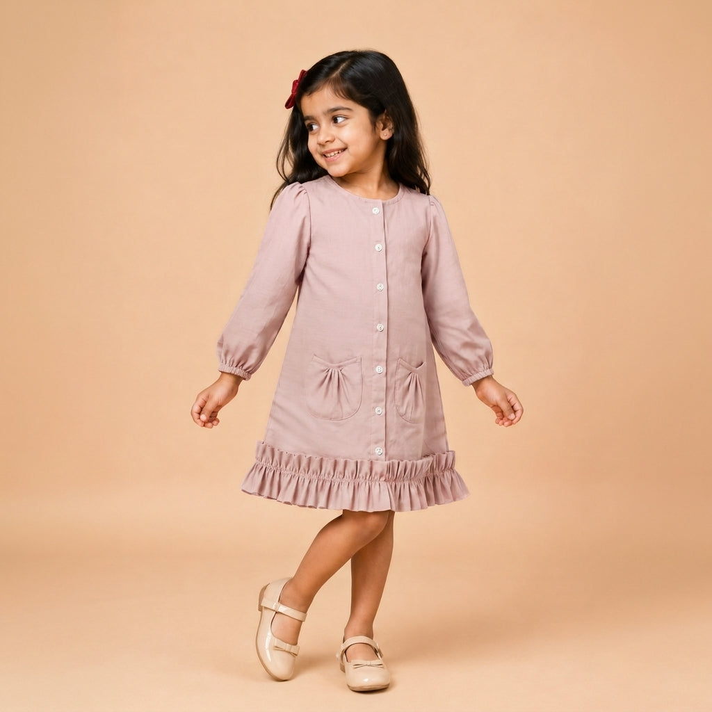 Gigi x Tyohaar | A-line Frock with Bubble Sleeve in Misty Pink Linen