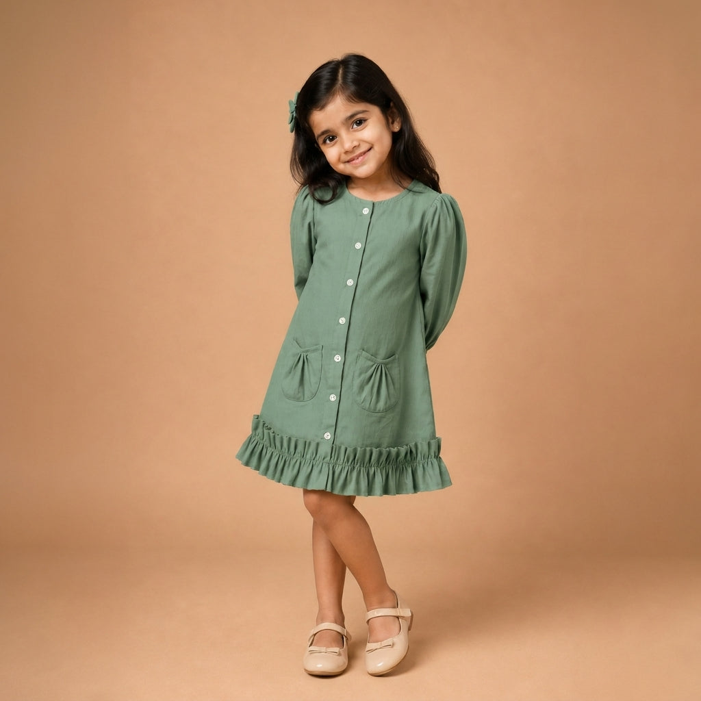 Gigi x Tyohaar | A-line Frock with Bubble Sleeve in Peppermint Green Linen