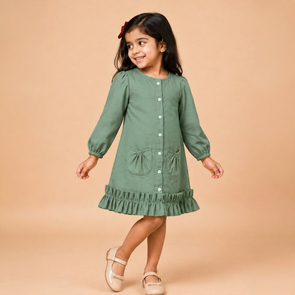 Gigi x Tyohaar | A-line Frock with Bubble Sleeve in Peppermint Green Linen