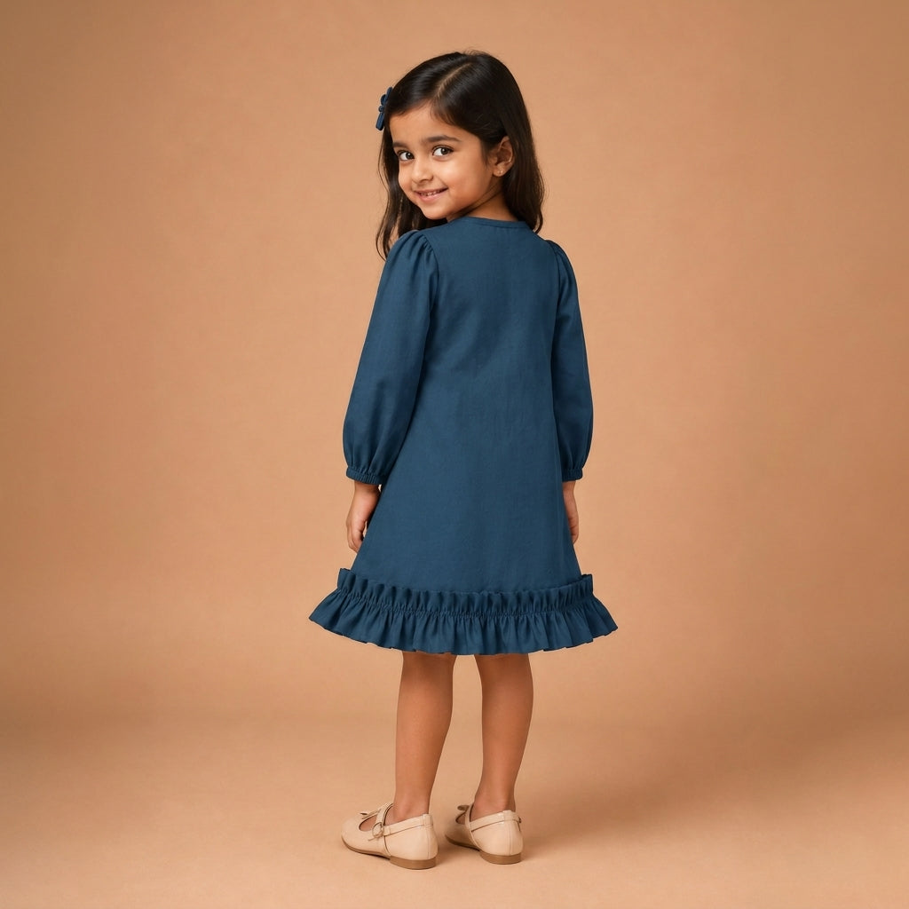 Gigi x Tyohaar | A-line Frock with Bubble Sleeve in Regal Blue Linen