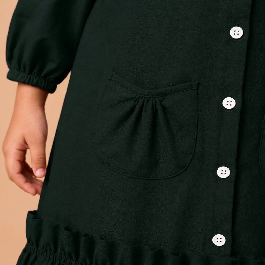 Gigi x Tyohaar | A-line Frock with Bubble Sleeve in Ebony Black Linen