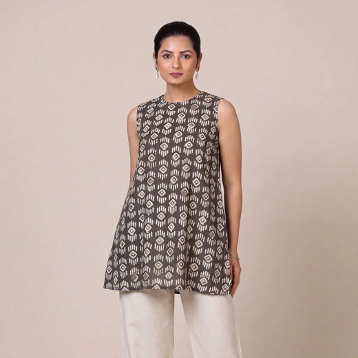 Huma | Sleeveless Brown Tribal Blockprinted Cotton BreezeFit™ Short Kurta
