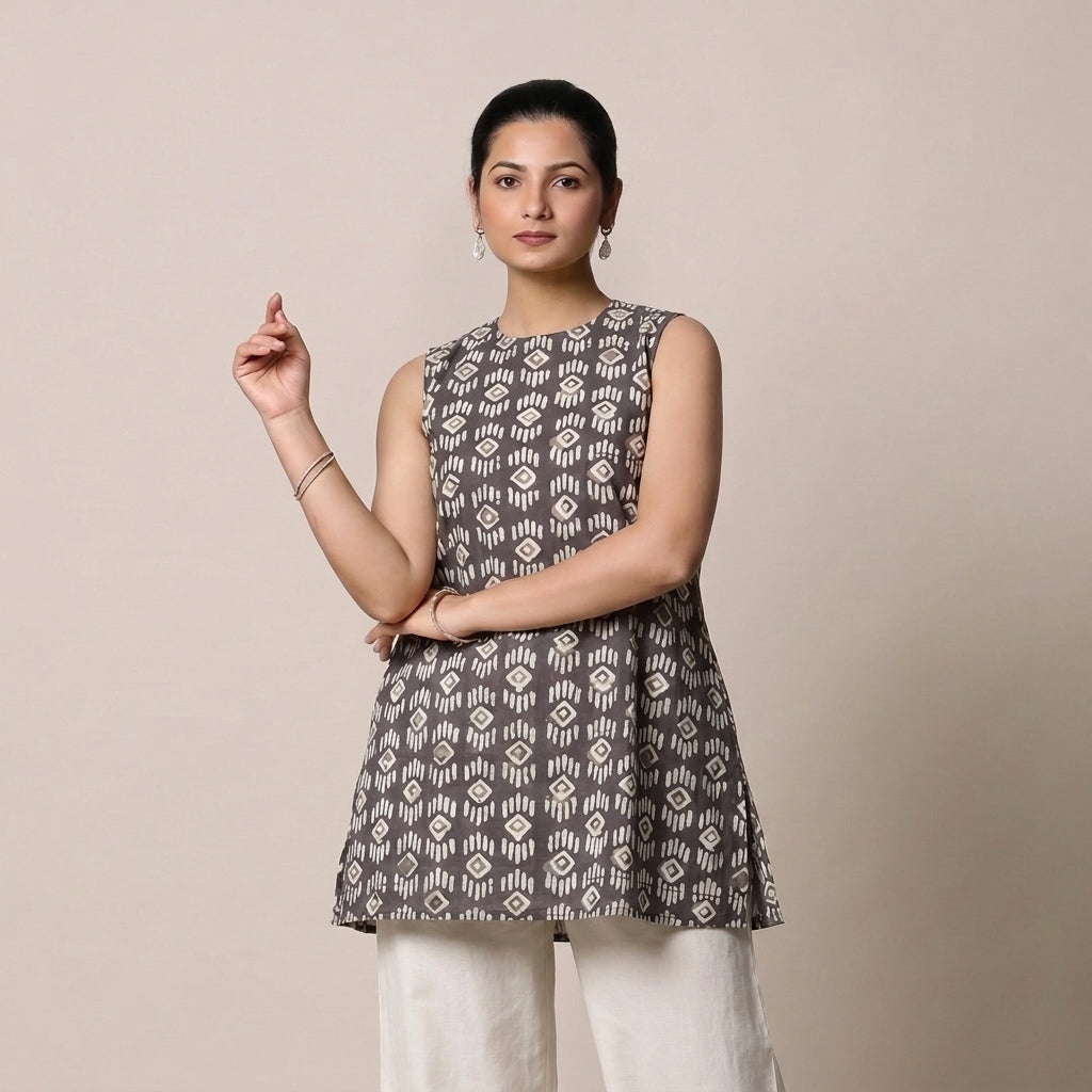 Huma | Sleeveless Brown Tribal Blockprinted Cotton BreezeFit™ Short Kurta