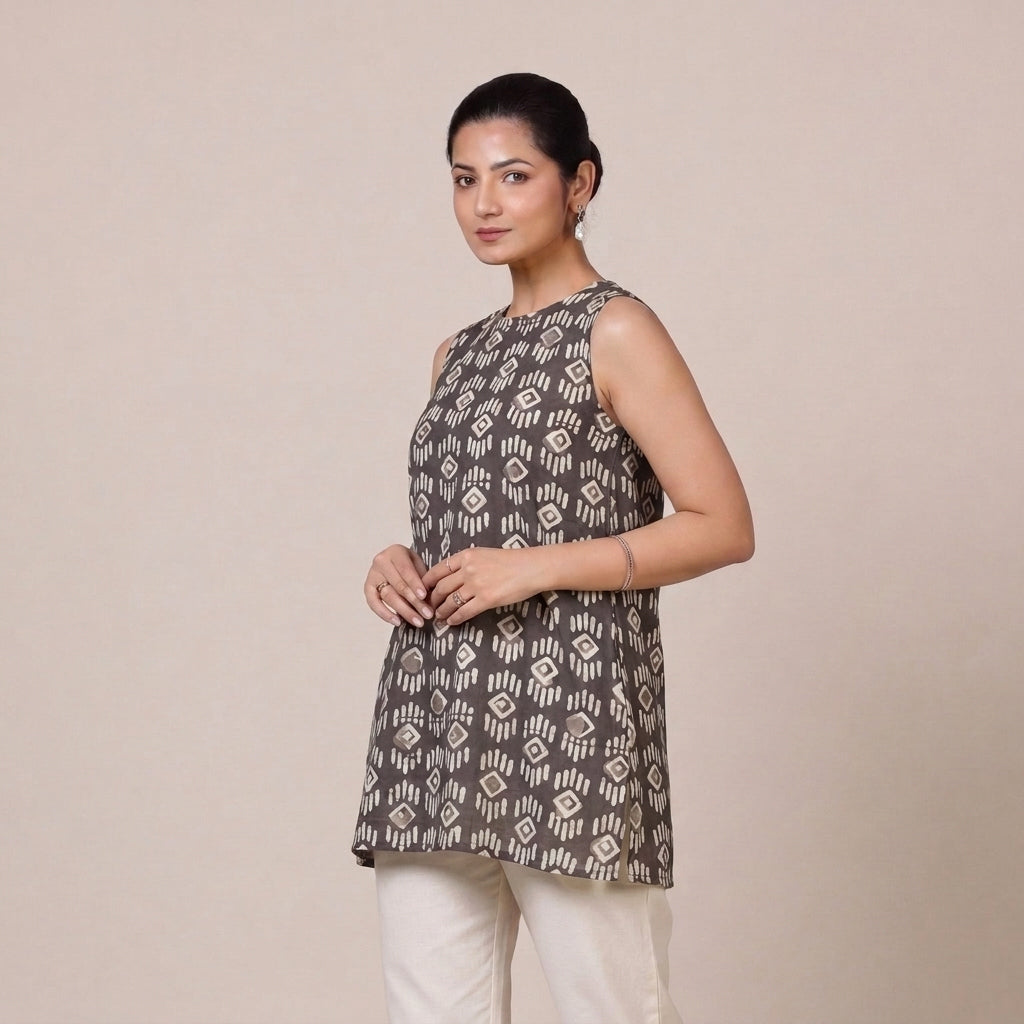 Huma | Sleeveless Brown Tribal Blockprinted Cotton BreezeFit™ Short Kurta