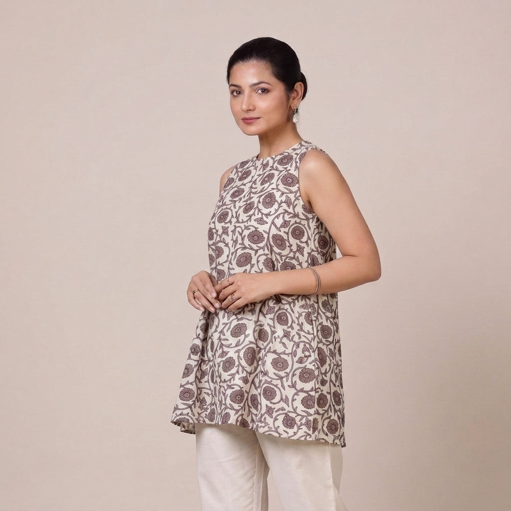Huma | Sleeveless Floral Vine Jaal Blockprinted Cotton BreezeFit™ Short Kurta