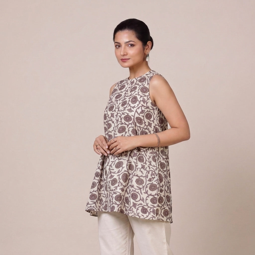 Huma | Sleeveless Floral Vine Jaal Blockprinted Cotton BreezeFit™ Short Kurta